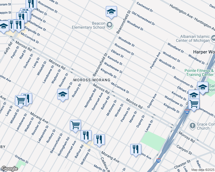 map of restaurants, bars, coffee shops, grocery stores, and more near 19803 Moross Road in Detroit