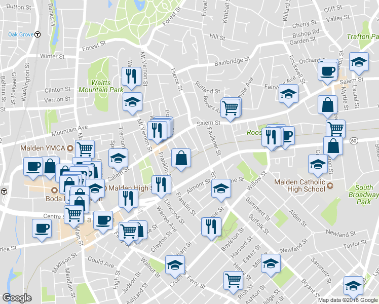 map of restaurants, bars, coffee shops, grocery stores, and more near 36 Norwood Street in Malden