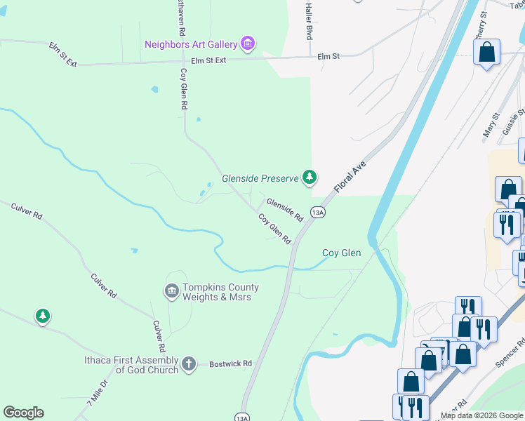 map of restaurants, bars, coffee shops, grocery stores, and more near 117 Coy Glen Road in Ithaca
