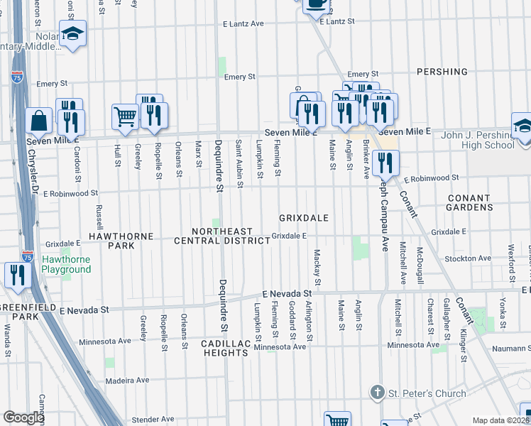 map of restaurants, bars, coffee shops, grocery stores, and more near 18562 Lumpkin Street in Detroit