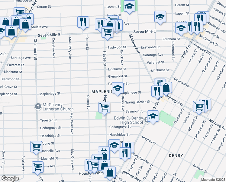 map of restaurants, bars, coffee shops, grocery stores, and more near 15247 Mapleridge Street in Detroit
