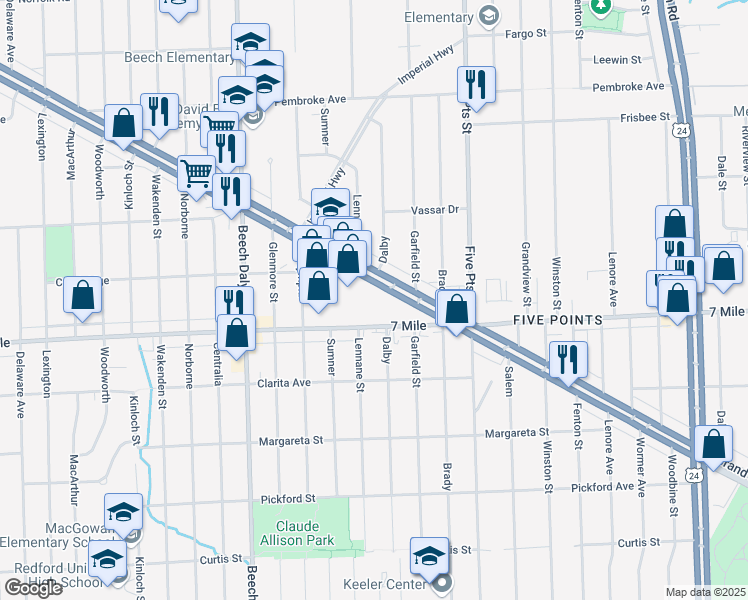 map of restaurants, bars, coffee shops, grocery stores, and more near 25295 Grand River Avenue in Redford Charter Township