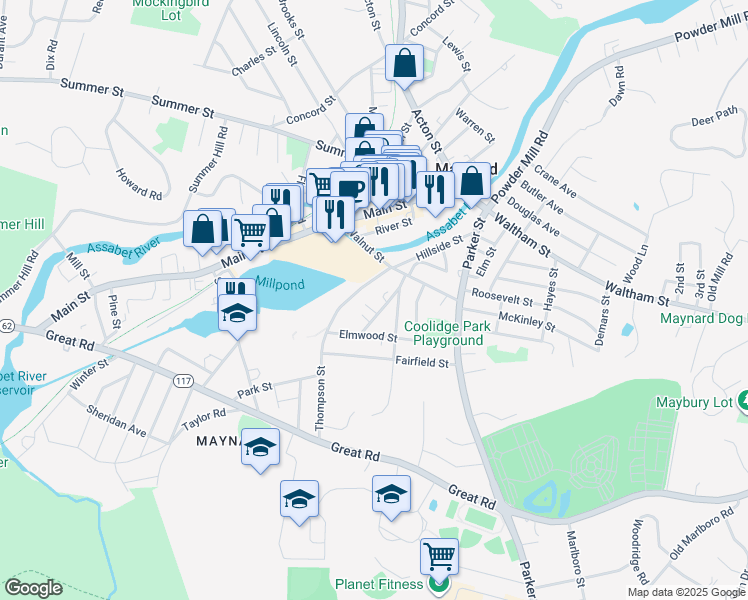 map of restaurants, bars, coffee shops, grocery stores, and more near 3 Dartmouth Court in Maynard