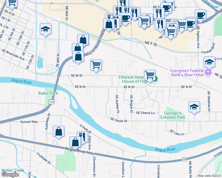 map of restaurants, bars, coffee shops, grocery stores, and more near 1019 Southeast Clarey Avenue in Grants Pass