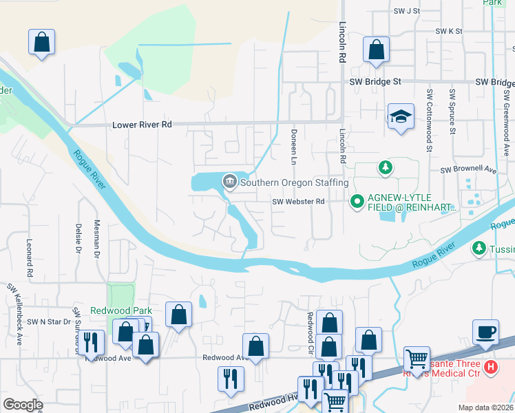 map of restaurants, bars, coffee shops, grocery stores, and more near 1168 Osprey Drive in Grants Pass