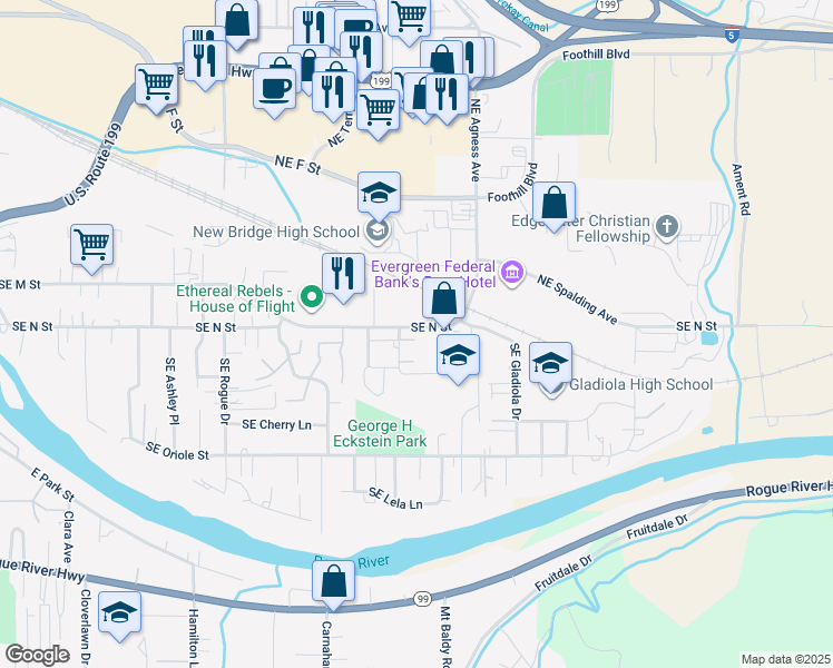 map of restaurants, bars, coffee shops, grocery stores, and more near 1782 Southeast Rosebank Way in Grants Pass