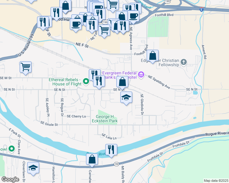map of restaurants, bars, coffee shops, grocery stores, and more near 1780 Southeast Rosebank Way in Grants Pass
