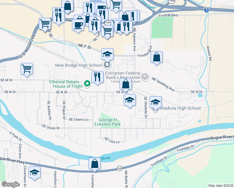map of restaurants, bars, coffee shops, grocery stores, and more near 1778 Rosebank Way in Grants Pass