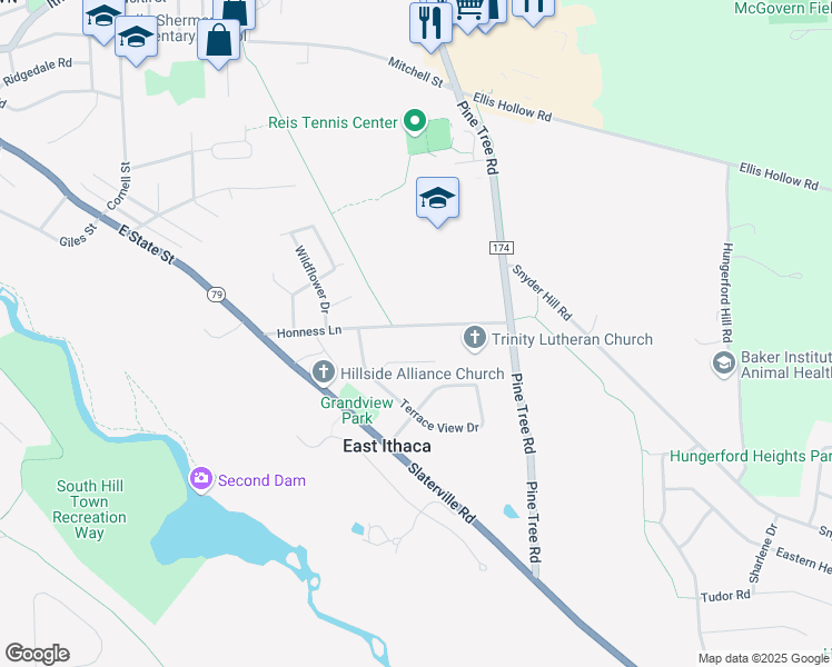 map of restaurants, bars, coffee shops, grocery stores, and more near 139 Honness Lane in Ithaca