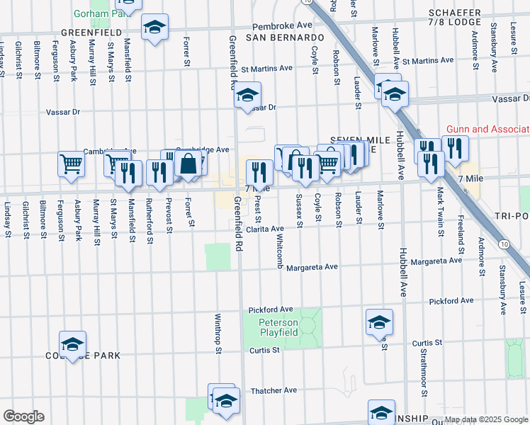 map of restaurants, bars, coffee shops, grocery stores, and more near 18923 Whitcomb in Detroit