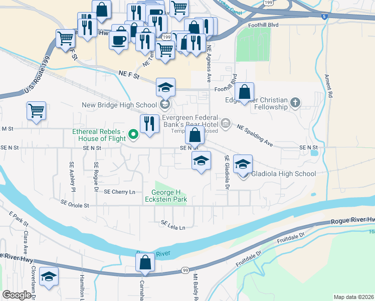 map of restaurants, bars, coffee shops, grocery stores, and more near 1783 Southeast Rosebank Way in Grants Pass