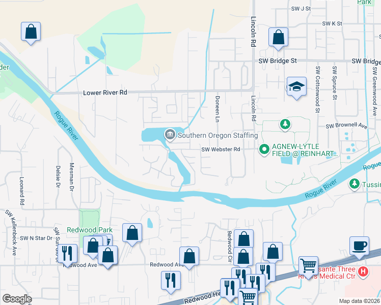 map of restaurants, bars, coffee shops, grocery stores, and more near 1168 Osprey Drive in Grants Pass