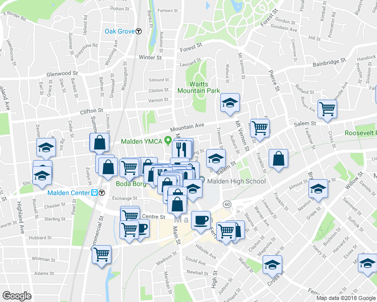 map of restaurants, bars, coffee shops, grocery stores, and more near 555 Main Street in Malden