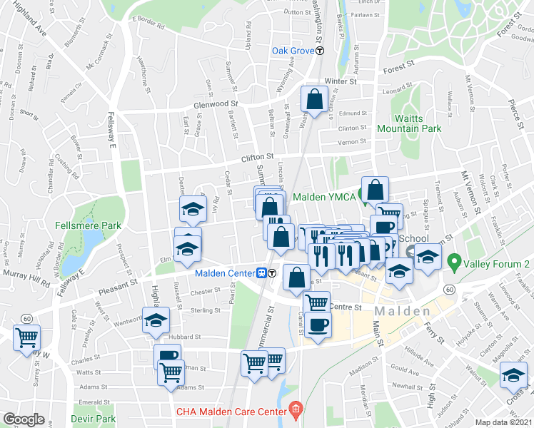 map of restaurants, bars, coffee shops, grocery stores, and more near 30-32 Maple Street in Malden