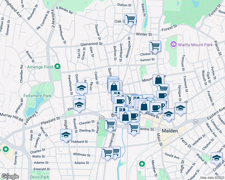 map of restaurants, bars, coffee shops, grocery stores, and more near 30-32 Maple Street in Malden