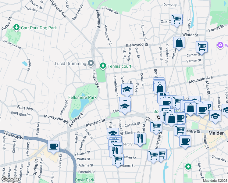 map of restaurants, bars, coffee shops, grocery stores, and more near 40 Hawthorne Street in Malden