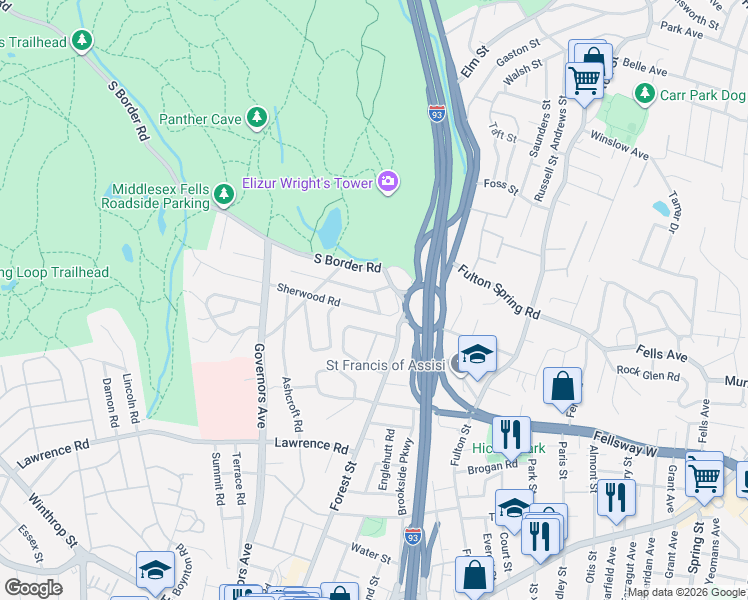 map of restaurants, bars, coffee shops, grocery stores, and more near 48 Sherwood Road in Medford