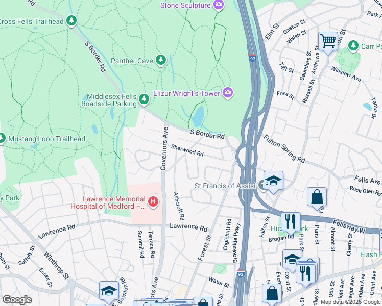 map of restaurants, bars, coffee shops, grocery stores, and more near 15 Circuit Road in Medford