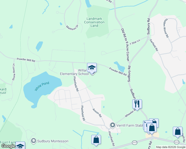 map of restaurants, bars, coffee shops, grocery stores, and more near 185 Powder Mill Rd in Concord