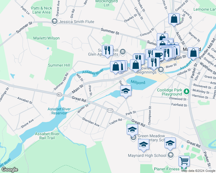 map of restaurants, bars, coffee shops, grocery stores, and more near 9 High Street in Maynard