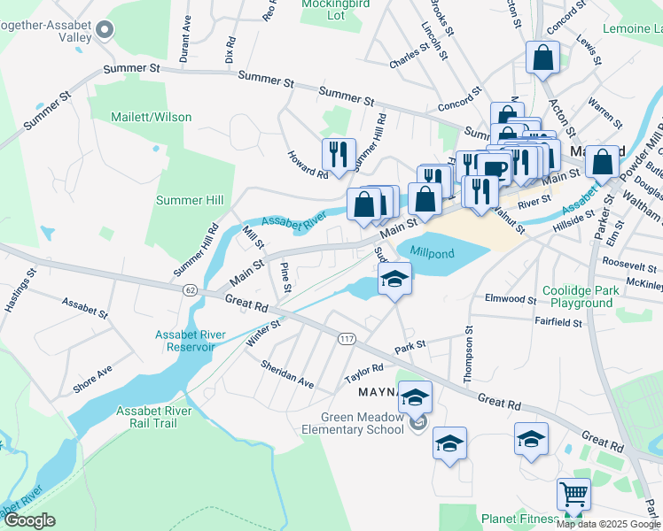 map of restaurants, bars, coffee shops, grocery stores, and more near 8 Spring Lane in Maynard