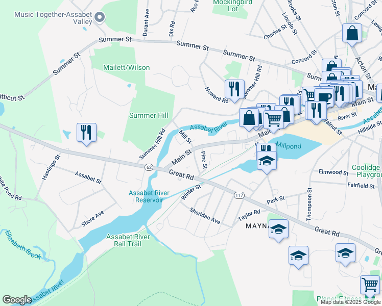 map of restaurants, bars, coffee shops, grocery stores, and more near 214 Main Street in Maynard
