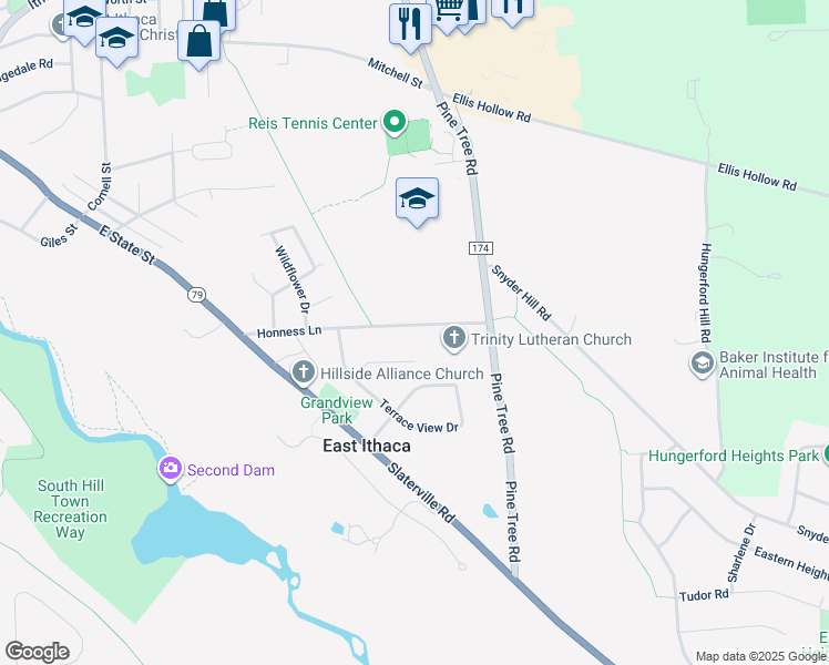 map of restaurants, bars, coffee shops, grocery stores, and more near 322 Sunny View Lane in Ithaca