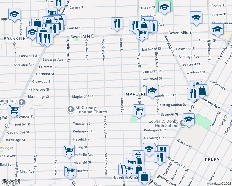 map of restaurants, bars, coffee shops, grocery stores, and more near 14910 Mapleridge Street in Detroit