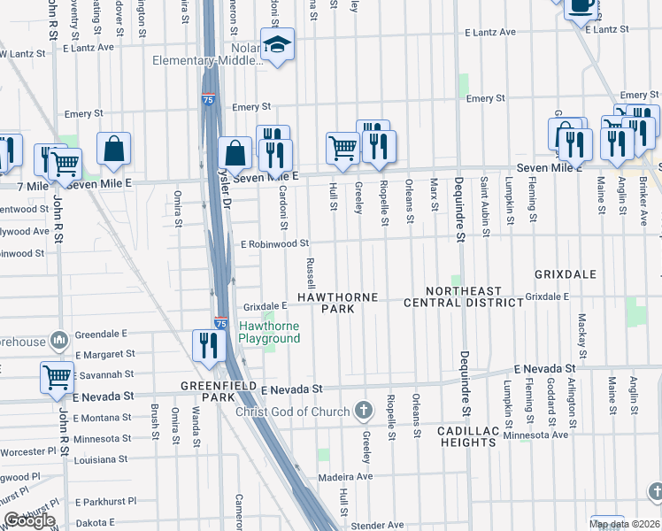 map of restaurants, bars, coffee shops, grocery stores, and more near 18566 Russell in Highland Park
