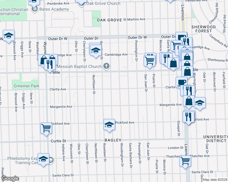 map of restaurants, bars, coffee shops, grocery stores, and more near 18679 Woodingham Drive in Detroit