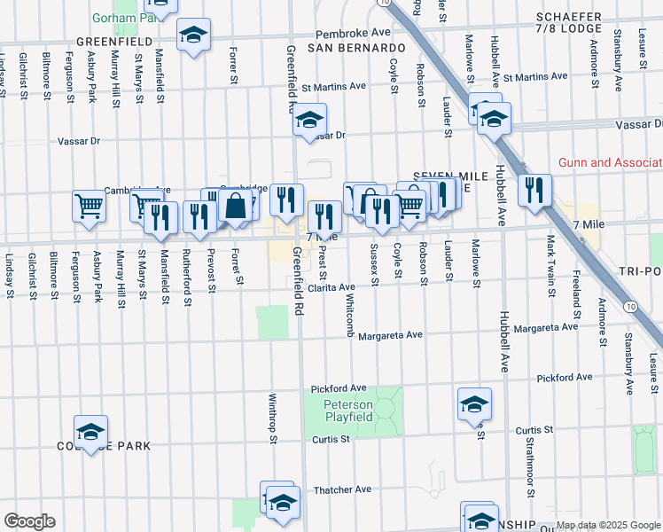 map of restaurants, bars, coffee shops, grocery stores, and more near 18923 Whitcomb in Detroit