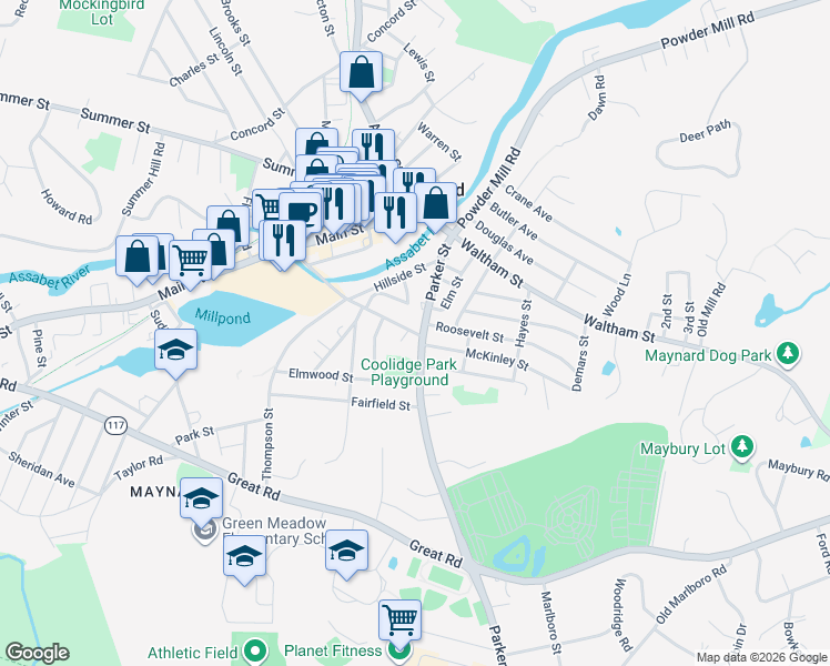 map of restaurants, bars, coffee shops, grocery stores, and more near Walnut Street in Maynard