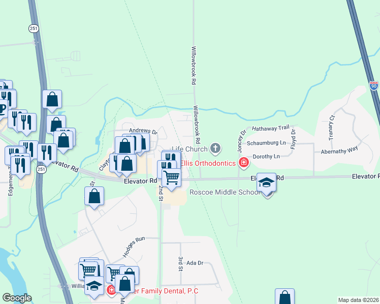 map of restaurants, bars, coffee shops, grocery stores, and more near 11618 Willowbrook Road in Roscoe