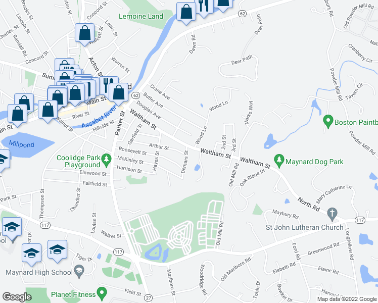 map of restaurants, bars, coffee shops, grocery stores, and more near 8 Demars Street in Maynard