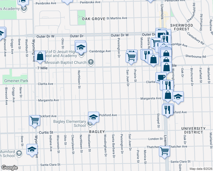 map of restaurants, bars, coffee shops, grocery stores, and more near 18679 Santa Barbara Drive in Detroit