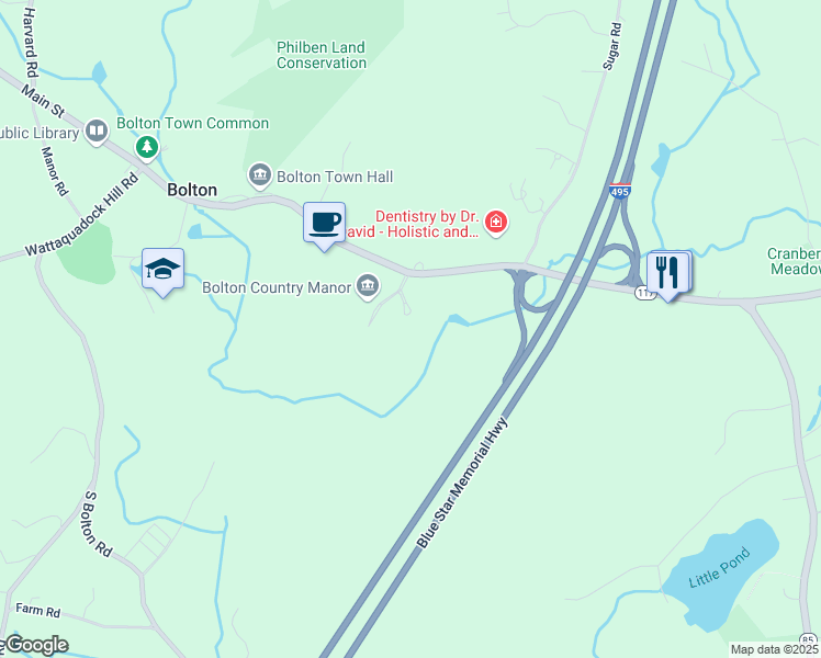 map of restaurants, bars, coffee shops, grocery stores, and more near 580 Main Street in Bolton