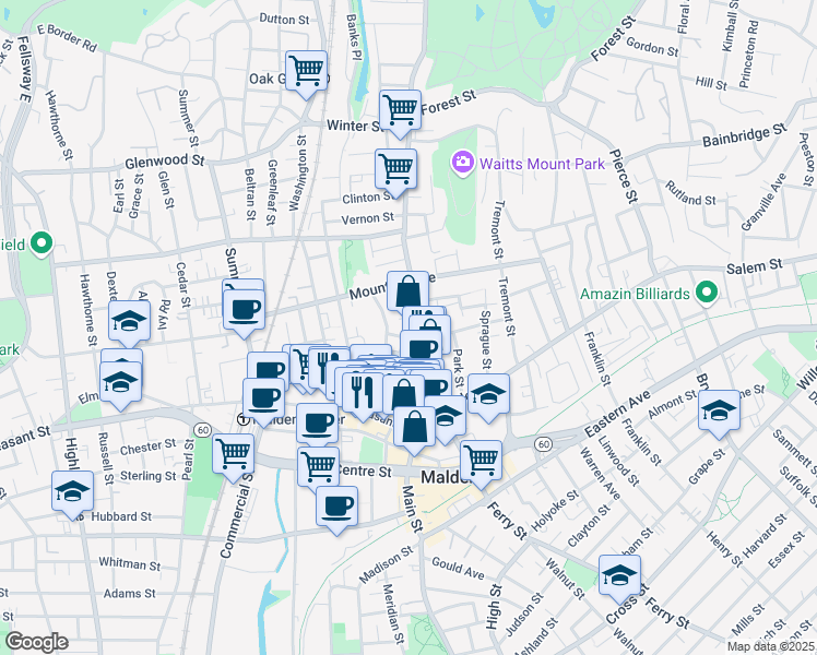 map of restaurants, bars, coffee shops, grocery stores, and more near 110 Florence Street in Malden