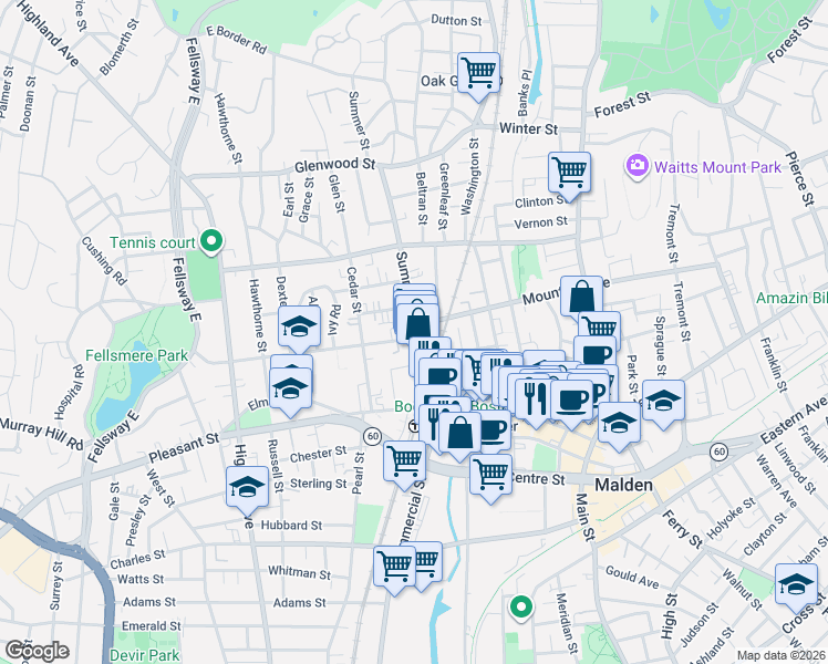 map of restaurants, bars, coffee shops, grocery stores, and more near 30-32 Maple Street in Malden