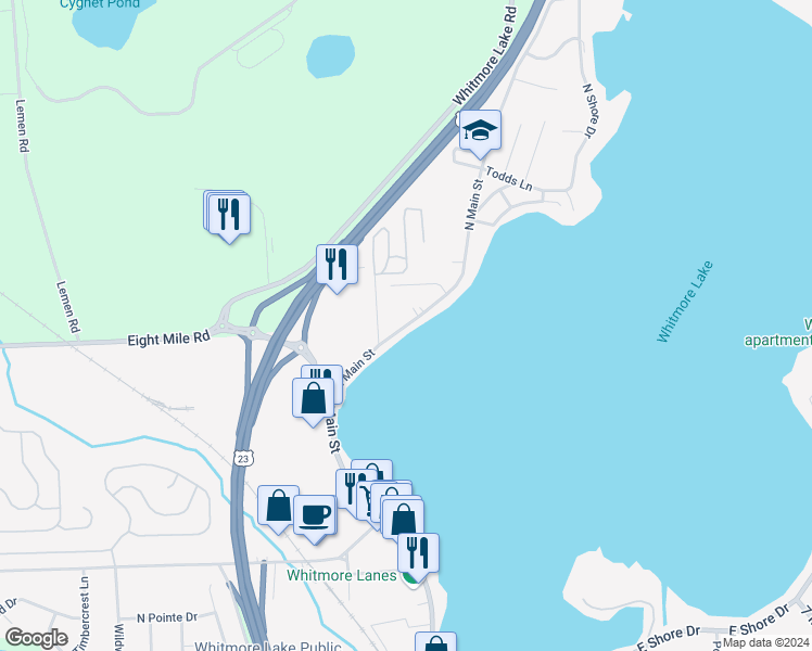 map of restaurants, bars, coffee shops, grocery stores, and more near 11976 North Main Street in Whitmore Lake