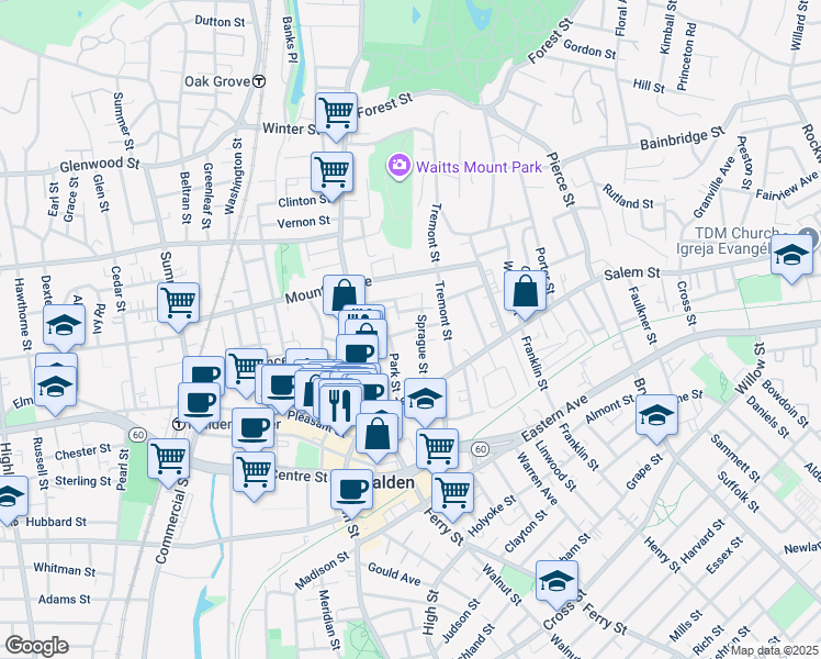 map of restaurants, bars, coffee shops, grocery stores, and more near 43 Park Street in Malden