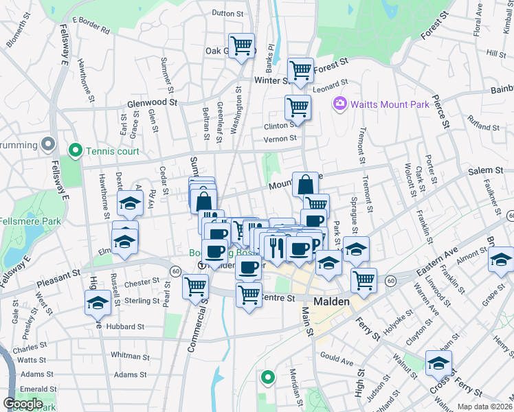 map of restaurants, bars, coffee shops, grocery stores, and more near 54 Washington Street in Malden