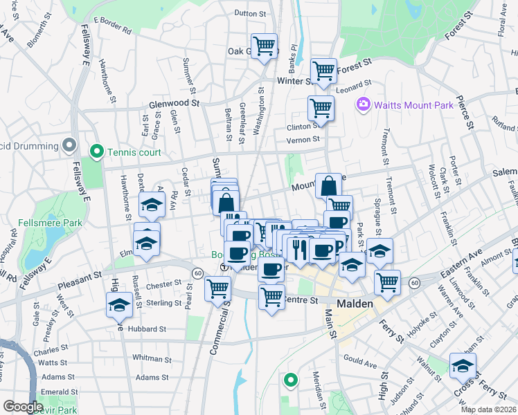 map of restaurants, bars, coffee shops, grocery stores, and more near 54 Washington Street in Malden
