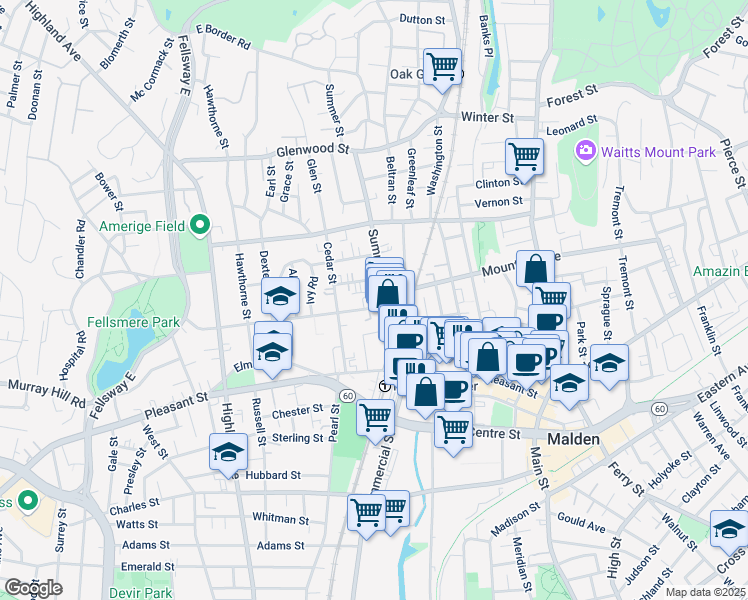 map of restaurants, bars, coffee shops, grocery stores, and more near 30-32 Maple Street in Malden