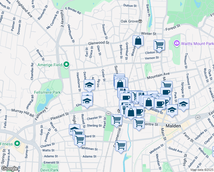 map of restaurants, bars, coffee shops, grocery stores, and more near 64 Maple Street in Malden