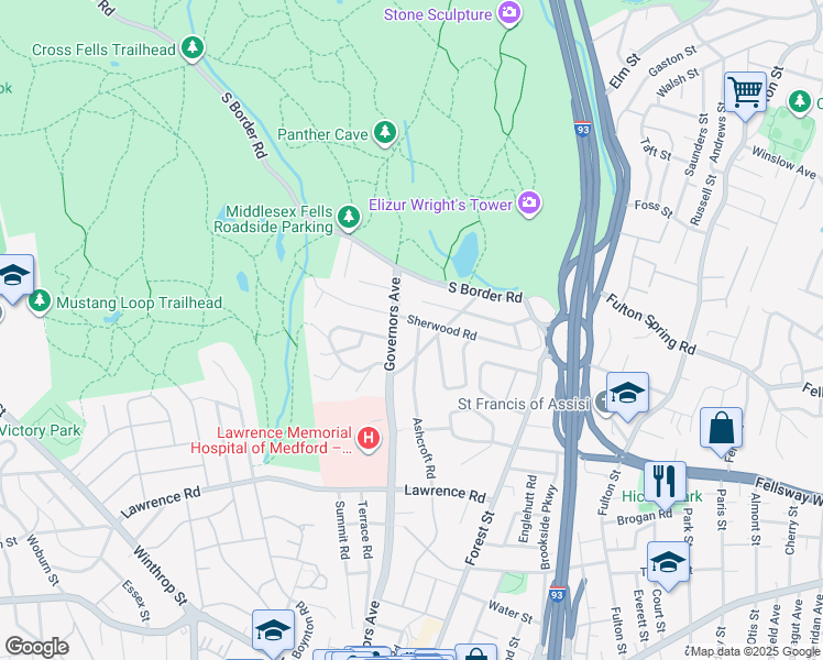 map of restaurants, bars, coffee shops, grocery stores, and more near 84 Massachusetts Avenue in Medford