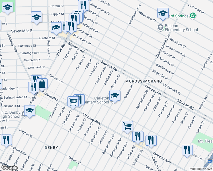 map of restaurants, bars, coffee shops, grocery stores, and more near 12007 Rossiter Street in Detroit