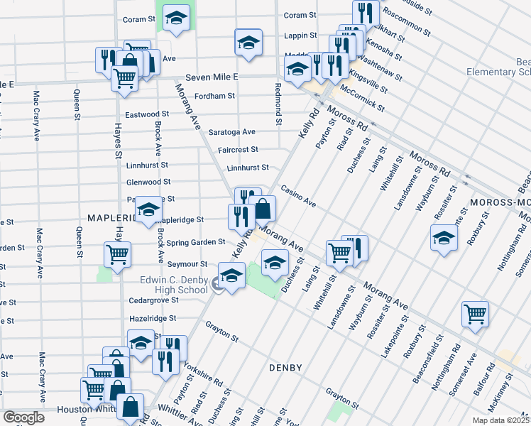 map of restaurants, bars, coffee shops, grocery stores, and more near 12508 Payton Street in Detroit