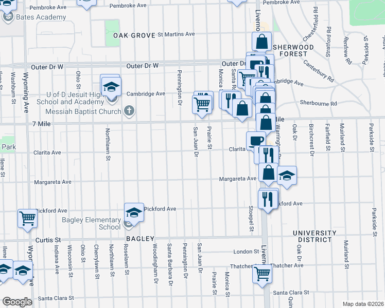map of restaurants, bars, coffee shops, grocery stores, and more near 18674 San Juan Drive in Detroit