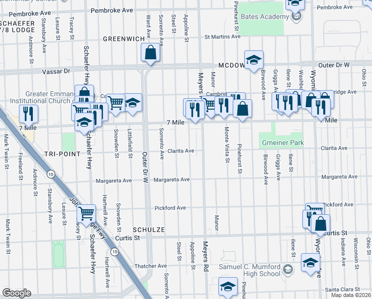 map of restaurants, bars, coffee shops, grocery stores, and more near 18695 Appoline Street in Detroit