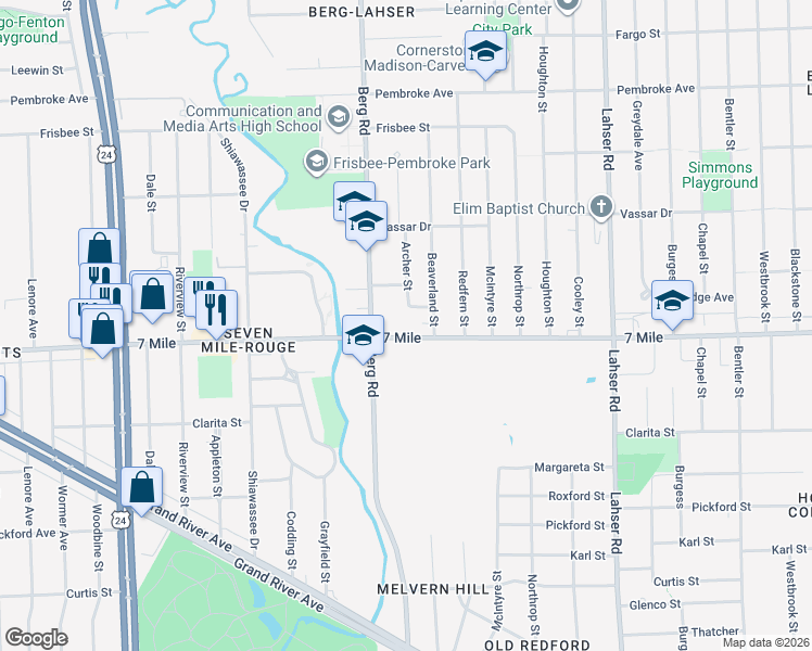 map of restaurants, bars, coffee shops, grocery stores, and more near in Detroit